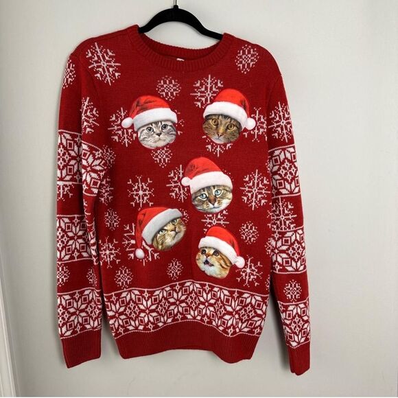 Party Sweater Mens Small Christmas Ugly Cats Red Holiday - Picture 1 of 3